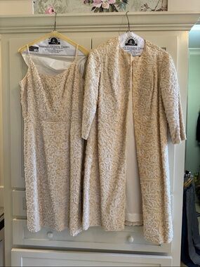 Textured Beige Cocktail Dress & Coat Set